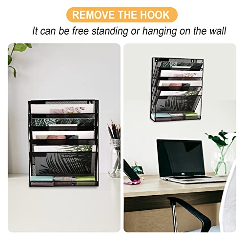 EASEPRES Desk File Organizer Mesh 6-Tier with Hangers, Hanging Wall Mount Document Organization Stand, Desktop Vertical Mail Paper Folder Holder with Bottom Tray for Office Home Cubicle, Black - color: Black, size: 6 Tier & Hangers