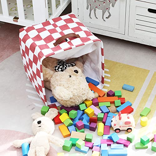 Hinwo 3-Pack Cubic Organizer Shelf Bins, Canvas Fabric Storage Baskets with Handles, 22L/5.8-Gal Square Storage Bins, Cubes, Collapsible Storage Box, 11 x 11 x 11 Inches (S, Red Checkerboard) - color: Red Checkerboard, size: S/11 x 11 x 11"/3-Pack