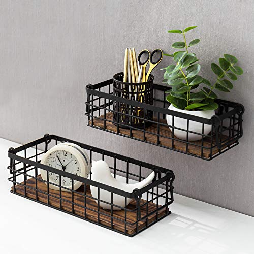 MyGift Set of 2 Black Wire Baskets for Organizing – Storage Baskets/Pantry Baskets for Shelves & Wall - color: Black, Burnt Wood