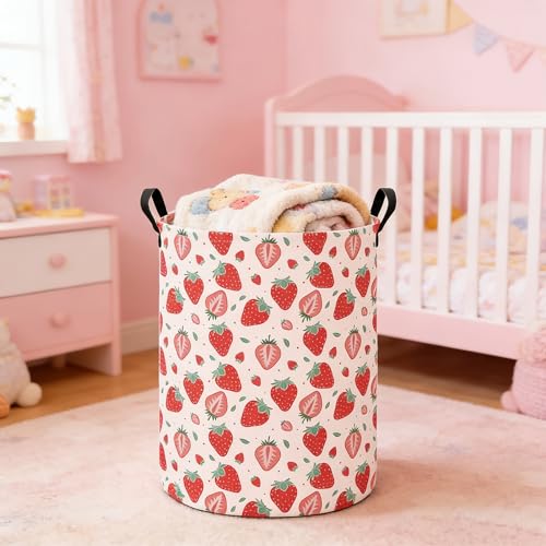 Laundry Hamper Large Canvas Fabric Lightweight Storage Basket/Toy Organizer/Dirty Clothes Collapsible Waterproof for College Dorms, Boys and Girls Bedroom,Bathroom(strawberry) - color: strawberry