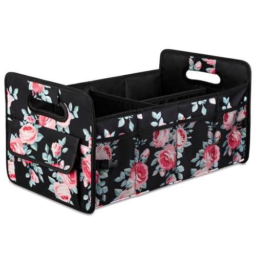 JiatuA Car Trunk Organizers and Storage Collapsible Multi Compartment Container Box, Adjustable Car Accessories for SUV Sedan Truck, Standard Size, Black Floral - color: Black Floral, size: Standard