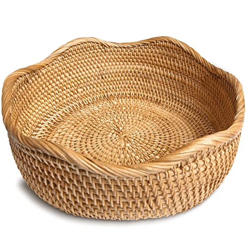 HITOMEN Handmade Rattan Bread Baskets Round Wicker Fruit Serving Storage Bowls, Natural Woven Decorative Kitchen Counter Organizing (Honey Brown) M-10.2" - size: Medium