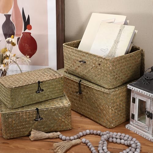 Woanger Set of 4 Wicker Storage Baskets Organizer，Handwoven Storage Bins with Lid for Organizing, Home Utility Box for Home Office Supplies Multipurpose Container(Natural Color) - color: Natural Color