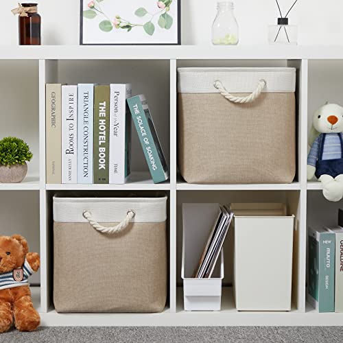 Temary Fabric Storage Baskets 2 Pack Decorative Storage Bins Basket for Gifts Empty Shelf Baskets with Handles for Organizing Home Closet, Towels (White&Khaki,16Lx12Wx12H Inches) - color: Khaki&white, size: 16L x 12W x 12H inches (2pcs)