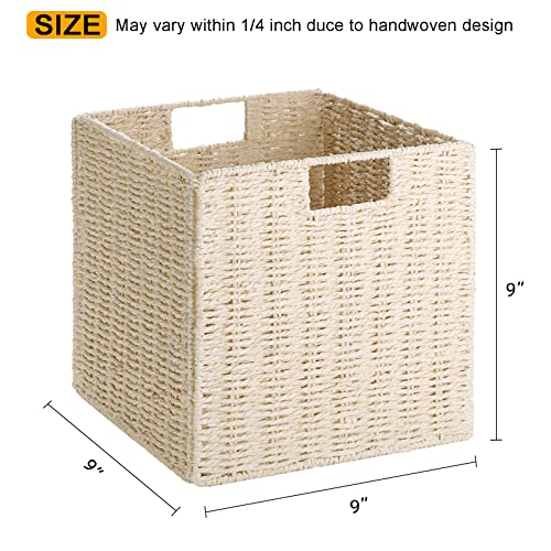 Vagusicc Wicker Storage Basket, Set of 2 Hand-Woven Storage Baskets for Shelves with Handles, Foldable Cube Storage Baskets Bins Organizer, 9 inch Wicker Baskets for Pantry Bedroom Decor, Beige - color: Beige, size: 9'' x 9'' x 9''