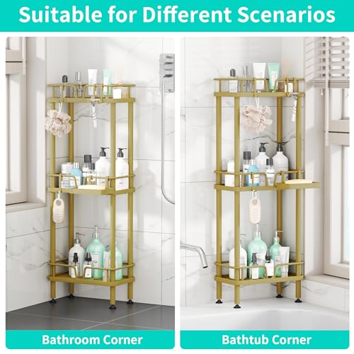 HapiRm Standing Corner Shower Caddy - 3 Tier Corner Shower Organizer with Soap Holder, Rustproof Stainless Steel Bathroom Shelf with 4 Hooks, Gold - color: Gold