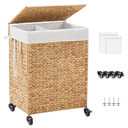 2-Section Laundry Hamper with Lid, Large Capacity Woven Natural Water Hyacinth Laundry Sorter with Removable Liners, Rolling or Non-Slip Design for Bedroom(Natural, 100L) - color: Natural, size: 2-Section