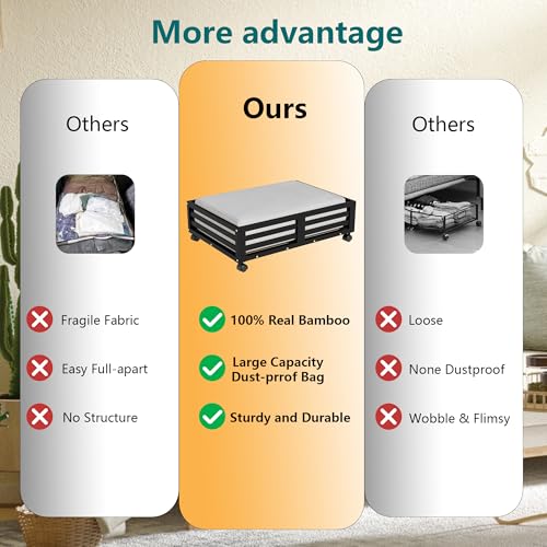 Wisuce Bamboo Under Bed Storage Containers- Underbed Organizer with Wheels with Dust Bag,Sturdy Wood Rolling Under the Bed Shoe Storage Organizer Drawers (Black, 2 Pack (23.62"×16.54")) - color: Black, size: 2 Pack (23.62"×16.54")