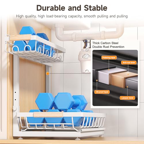 Sevenblue 2 Packs Under Sink Organizer, Height Adjustable 3 Tier Under Kitchen Sink Organizer, Multi-Purpose Storage Shelf for Kitchen Bathroom Cabinet (White, Large) - color: White, size: Large