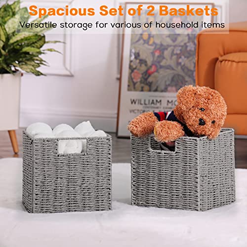 Vagusicc Storage Basket, Set of 2 Hand-Woven Paper Rope Wicker Baskets for Storage, Foldable Cube Storage Bins Organizer, 9 inch Medium Wicker Storage Baskets for Shelves Pantry Organizing Decor, Grey - color: Grey, size: 9'' x 9'' x 9''