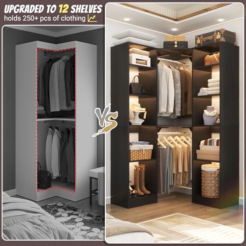 Besiost Corner Closet System with 12 Shelves, 39.2" Corner Closet Organizer System with 2 Hanging Rods, Versatile 6-Tier Walk-in Closets for Corner Space, Black (39.2" L x 39.2" W x 80" H) - color: Black, size: 39.2" - Without Lights