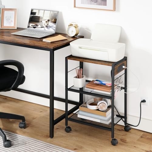 HOOBRO Industrial Printer Stand, 3-Tier Mobile Printer Table, Rolling Cart with Power Outlets and USB Ports, Home Printer Stand with 2 Hooks, for Office, Living Room, Rustic Brown BF22UPS01 - color: Rustic Brown + Black