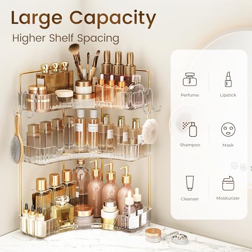 Corner Bathroom Counter Organizer 3-Tier Bathroom Organizer Countertop with Hooks Perfume Organizers Storage Shelf for Makeup & Skincare Dresser-Clear - color: Clear, size: 3 Tier