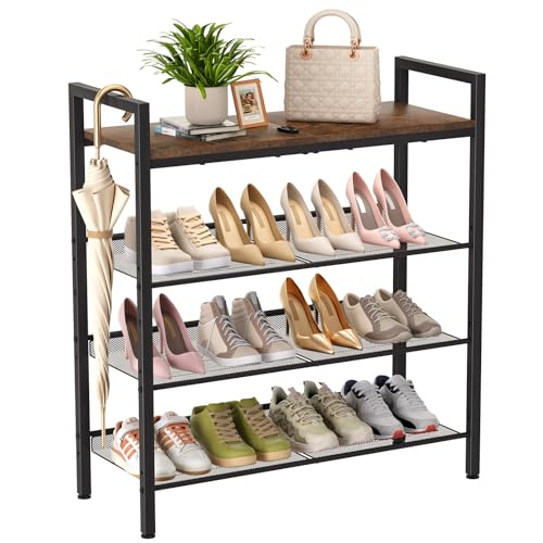 WIN4ALL Shoe Rack for Front Door Entrance, 4 Tier Shoe Rack for Entryway, 12-16 Pairs of Shoes, Metal Shoe Rack Organizer, Free Standing Shoe Rack for Closet (Black+Rustic Brown) - size: 4 Tier (11.81"D x 29.33"W x 30.31"H)