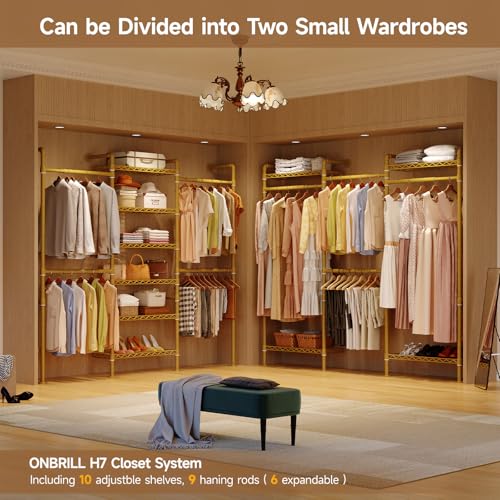 ONBRILL L7 Wall Mounted Industrial Pipe Clothing Rack – Heavy Duty Modular Closet System with 9 Hanging Rods ( 6 Expandable) & 10 Adjustable Shelves, Corner Garment Rack, Large Wardrobe - Gold - color: Gold