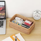 BTSKY Small Remote Basket for Coffee Table Entryway Living Room Rattan Serving Tray 9.6'' x 6.5'' Handwoven Wicker Baskets Decorative Tray for Wallet Remote Control Trinkets Rings Cosmetics Crackers - size: 9.6'' X 6.5'' X 3.1''