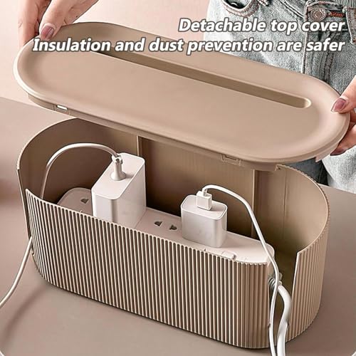 Cable Management Box,Desk Cord Organizer Box with Groove Cover,Plastic Cord Hider Box,Large Cable Box Organizer for Storaging Power Socket/TV/Computer/Router/Games Console Cable (Milk Tea) - color: Milk Tea