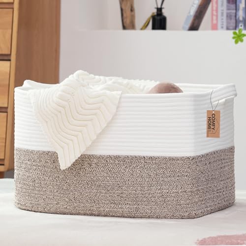 COMFY-HOMI Large Laundry for Organizing|Rectangle Cotton Rope Storage with Handles|Blanket for Living Room|Woven Laundry for Towels, Toys, Clothes-22x15x12”-White/Brown - color: White/Brown, size: 22''x15''x12''