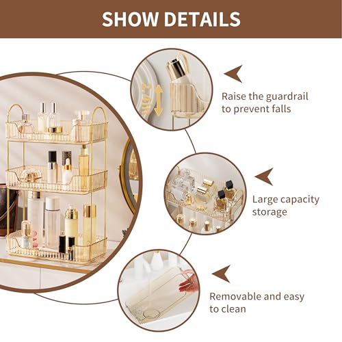 YCIA&DONE Bathroom Organizer Countertop, Makeup Storage, Skincare Cosmetic Tray Shelf, Perfume Holder Rack for Vanity Counter, Large Capacity, Easy to Install, Clean, 3 Tiers, Amber Gold - color: Amber Gold, size: 3-Tier