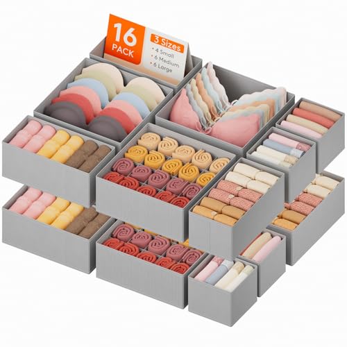 Lifewit Underwear Drawer Organizer for Closet 16 Pack, 3 Sizes Dresser Organizer Dividers, Deep Fabric Foldable Drawer Storage Organizer Bins for Clothes, Sock, Bra, Lingerie, Undies - color: Dove Gray