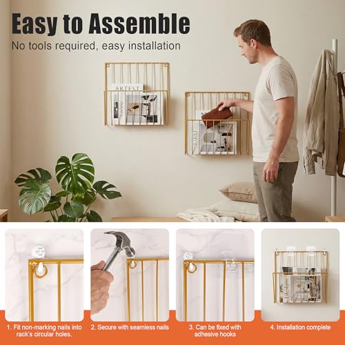 2-Pack Wall Magazine Holder File Organizer Mental , Wall Mounted Magazine Rack for Space-Saving, Walls Magazine Holder for Mail, Bathroom & Home Office Organizer, Office Living Room(Gold)