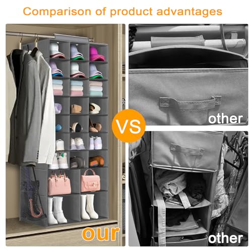 Hanging Shoe Organizer for Closet, Closet Hanging Shoe Storage Rack Holder Shelves,Collapsible Shoe Closet Organizers and Storage with 4 Large Side Pockets,25 Sections for Shoes,Hats,Clothes(Gray) - style: 3-Column Hanging Organizer