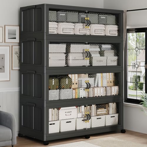 240GAL Plastic Storage Bins with Lid, 960QT Extra Large Stackable Closet Organizers and Storage, Collapsible Storage Boxes with Wheels, Folding Cabinet for Home Kitchen Office, 4Pack Black - color: 60Gal-Black, style: 4Pack