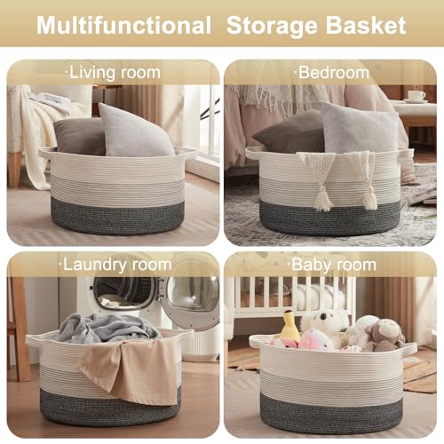 OIAHOMY 90L Blanket Basket for Living Room, Large Basket 23" x 23" x 13" with Handle, Laundry Hamper for Blankets, Pillows, Toy Storage for Kids, Dogs - Black and White - color: Black and White, size: 23" x 23" x 13"
