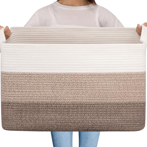OIAHOMY Extra Large Blanket Basket, 95L Cotton Rope Woven Laundry Basket, Toy Bin for Baby Room, Container for Blanket Storage in Living Room, 24''×17''×14'', Gradient Brown - color: Gradient Brown, size: 95L