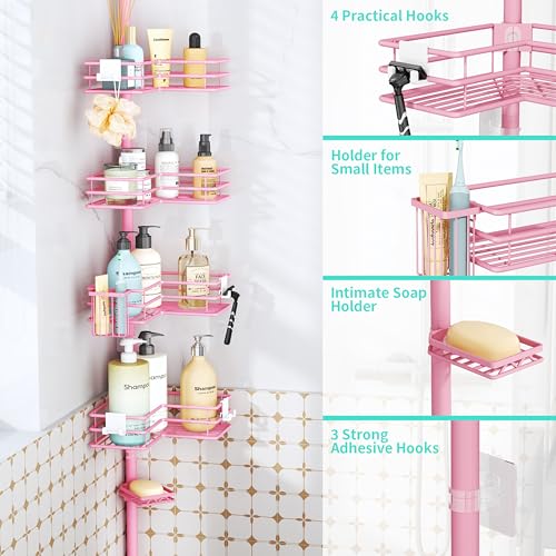 HapiRm Corner Shower Caddy Organizer - Shower Organizer Corner with Soap Holder, Toothbrush Holder and 4 Hooks, Rustproof Bathroom Shelf Tension Pole Available for 27.6 to 108.3 Inch - Pink - color: Pink