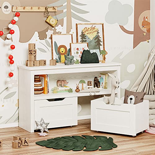 IRONCK Toy Storage Organizer with Drawers, Floor Toy Box with Wheels and Open Shelf, Storage Chest for Nursery, Playroom and Bedroom, White - color: White