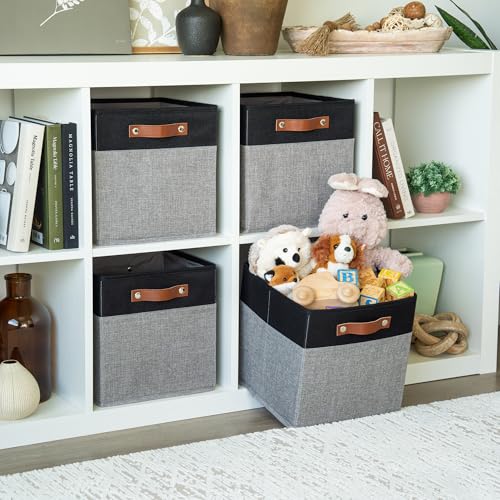 OrganiHaus 11" x 11" x 11" Fabric Cube Storage Bins - Set of 4, Canvas Cubby Bins with Vegan Handles, Square Storage Cubes, Kallax Storage Cubes, 11 Inch Cubic Baskets for Shelves in Gray/Black - color: Gray Base / Black, size: (11x11) Leather Handles