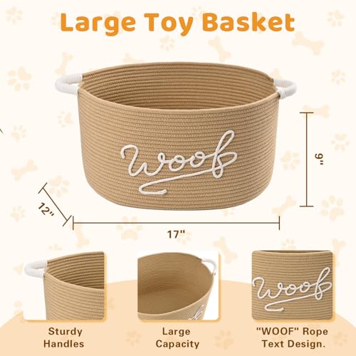 Woof Dog Toy Basket, Large Dog Toy Storage Bin with Durable Handles, Woven Dog Basket for Blankets, Toys, Chews, Pet Toy Storage Box for Nursery, Living Room, Bedroom, 17”x12”x9, Beige - color: Beige