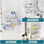 TAILI Shower Caddy Suction Cup, 3 Pack Shelves for Inside with Hooks & Soap Holder Toothbrush Cups, Removable Bathroom Organizer, Rustproof Silver Storage-Silver - style: 3× Silver