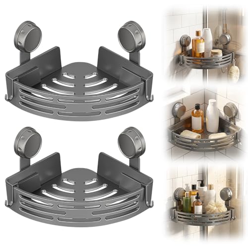 Triangle Suction Cup Corner Shelves, 2026 Upgraded No Drilling Bathroom Storage Rack with Hooks, Waterproof Shower Organizer for Bathroom, Corner Shelves for Shower (Grey, 2 PCS) - color: Grey, size: 2 PCS