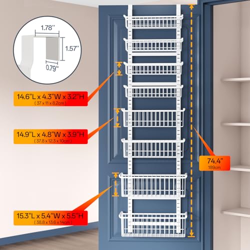 Over The Door Pantry Organizer, 8-Tier Over The Door Organizer with Adjustable Baskets, Metal Hanging Spice Rack for Pantry Organizers and Storage, Suitable for Kitchen Laundry Room & Bathroom, White - color: White