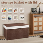 OIAHOMY Storage Basket with Lid, 27.7 Gallon (105L) Blanket Basket with Removable Separated Liner Bag, Paper Rope Hamper with Handle, Foldable, Shelf Basket for Living Room, Brown - color: Brown