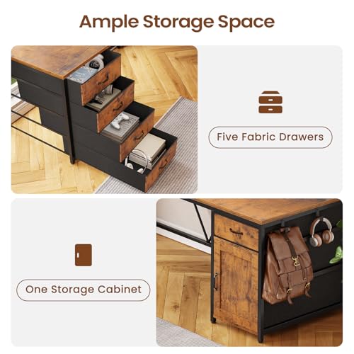 SEDETA L Shaped Desk, 63'' Corner Desk with 5 Drawer & Power Outlet, Larger Home Office Desk or Gaming Desk, L Shaped Corner Desk with Monitor Shelf, Storage Cabinet, Rustic Brown - color: Rustic Brown
