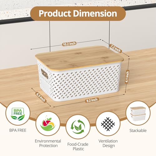 Plastic Storage Bins with Bamboo Lids, Stackable Small Box Baskets for Organizing and Containers for Shelves Drawers Desktop Closet Pantry Classroom Office Home, 6 Pack 10.2x7.2x4.1 Inch, White - color: White