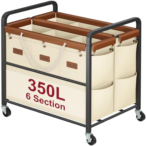 Tajsoon 350L Extra Large Laundry Hamper 6 Section, Heavy Duty Laundry Cart with Wheels, Commercial Laundry Sorter with Sturdy Metal Frame, Removable Bags & Leather Patchwork, Beige - color: Beige, size: 6 Bag 350L