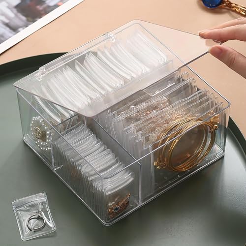 4 In 1 Acrylic Jewelry Organizers and Storage with 60 Portable Anti Tarnish Jewelry Bags, Clear Jewelry Box Organizer, Travel Jewelry Case for Earrings/Rings/Necklaces for Women Girls - style: 4-in-1 Jewelry Box