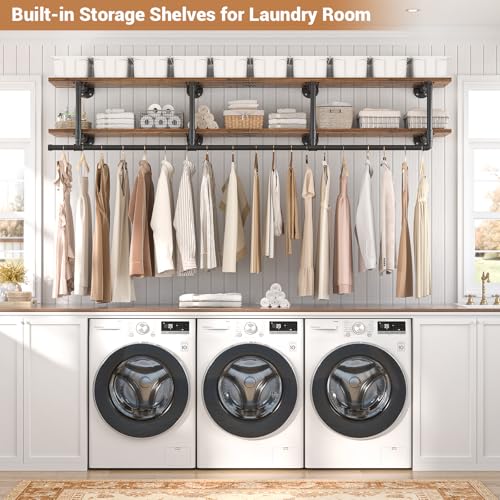 Aheaplus Industrial Pipe Clothes Rack with Top Shelf, 73In Space-Saving Wall Mounted Clothing Rack, 2 Tiers Heavy Duty Pipe Clothing Shelves with Hanging Rod for Laundry Room, Closet, Rustic Brown - color: Rustic Brown, size: 73IN