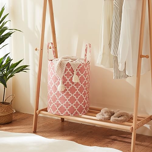 TECHMILLY 63L Large Laundry Basket with Long Handles, Collapsible Kids Laundry Hamper, Toy Storage Basket for Nursery, Bedroom Decor for Baby Girls and Boys (Pink Lattice) - color: Pink Moroccan Lattice, size: 1 Pack