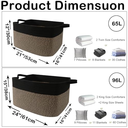 Large Blanket Basket,Woven Rope Basket Storage Bin with Handles,65L Rectangle Laundry Basket for Magazines,Toys,Clothes,Newspaper Shelf Organization,Nursery and Living Room,Black&Jute - color: Black & Jute, size: 21"x16"x12"(65L)