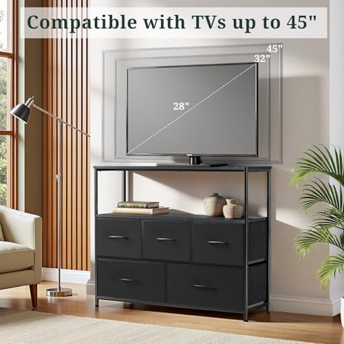 TV Stand, 5 Fabric Drawers Dresser Entertainment Center for TV up to 45 inch Wooden Media Console Table Storage Organizer with Open Shelf, for Living Room, Bedroom, or Small Space, Black - color: Black, size: 5 Drawers