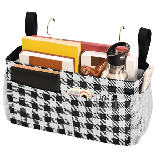 Buffalo Plaid Check Black Print Bedside Caddy Storage Bag Bedside Organizer for Bunk Bed Headboards College Organizer Caddy Hanging Shelf 6 Pockets with Hooks for Drinks Magazine Phone Holder - color: Buffalo Plaid Check Black