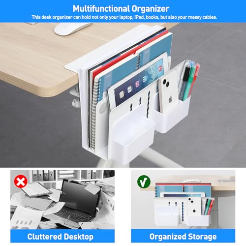 MAXECHO Desk Side Storage, Under Desk Laptop Mount, Table Side Hanging File Organizer, No Drill Clamp On Cable Management Tray, Laptop Holder with Magnetic Pen Holder for Office and Home, Load 22 Lbs - color: White, size: Double-deck with Pen Holder