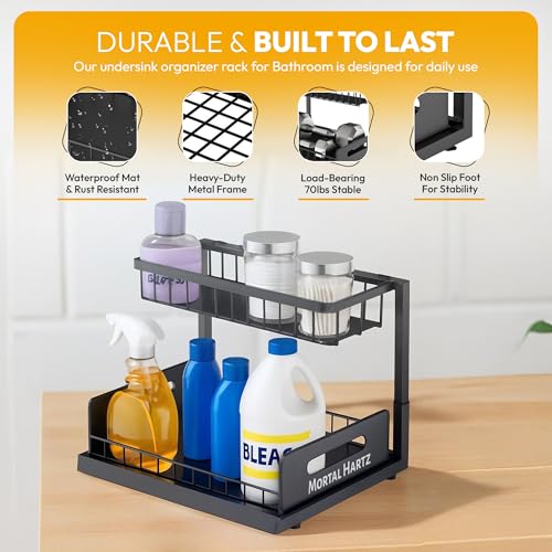 MORTALHARTS Under Sink Organizer – 1 Pack 2-Tier Sliding Storage Rack – Pull-Out Cabinet Organizer with Adjustable Metal Shelf, L-Shaped Design for Kitchen, Bathroom & Laundry Cabinets - color: Black