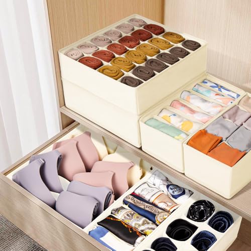 Drawer Organizer Clothes, 8 Pack Dresser Organizer Bins for Baby Clothes, Underwear Sock, Fabric Closet Organization and Storage Dividers for Nursery Bedroom (48 Compartments, Beige) - color: Beige, size: 8 Pack