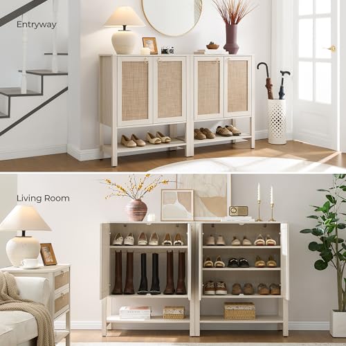 SICOTAS Shoe Storage Cabinet for Entryway - 5 Tier Rattan Entry Shoe Organizer Cabinet with Shelves & Doors, 2 Pieces Farmhouse Boho Shoe Rack for Hallway, Living Room, Closet (White Cream Oak) - color: White Cream Oak, size: 2 Pieces